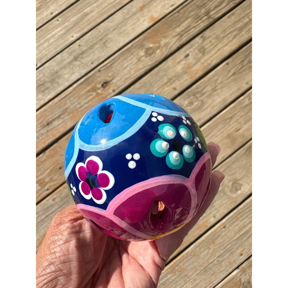 Hand Painted Talavera Style Ceramic Floral Sphere Hanging Ornament Blue Pink